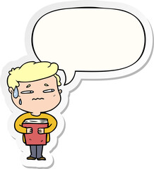 cartoon anxious boy carrying book and speech bubble sticker