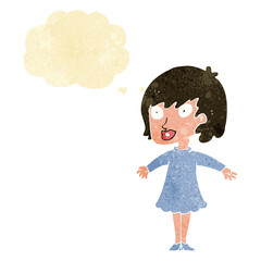 cartoon woman wearing dress with thought bubble