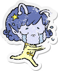 distressed sticker of a cartoon crying alien girl