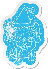 cute cartoon distressed sticker of a dog wearing santa hat