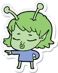 sticker of a cute alien girl cartoon pointing