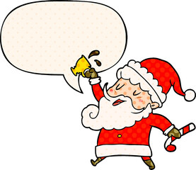 cartoon santa claus and hot cocoa and speech bubble in comic book style