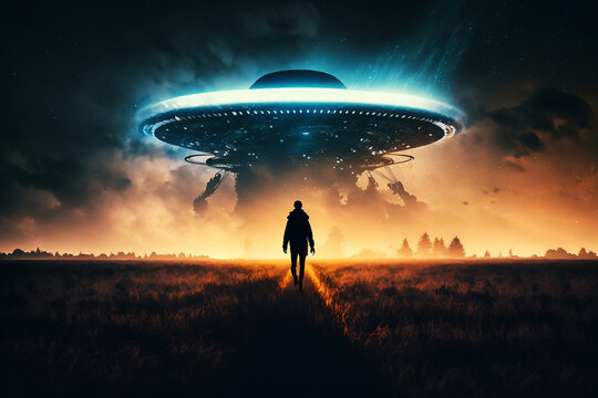 Flying saucer flies at night in sky over silhouette of man standing in field. Invasion of extraterrestrial intelligence on an intergalactic ship. Alien abduction. Generative AI.