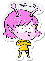 distressed sticker of a cartoon alien girl