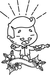 banner with black line work tattoo style man serving wine