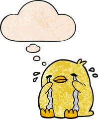 cartoon crying bird and thought bubble in grunge texture pattern style