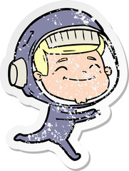 distressed sticker of a happy cartoon astronaut