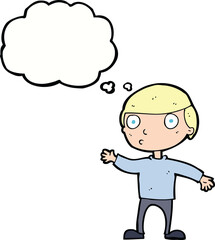 cartoon waving man with thought bubble