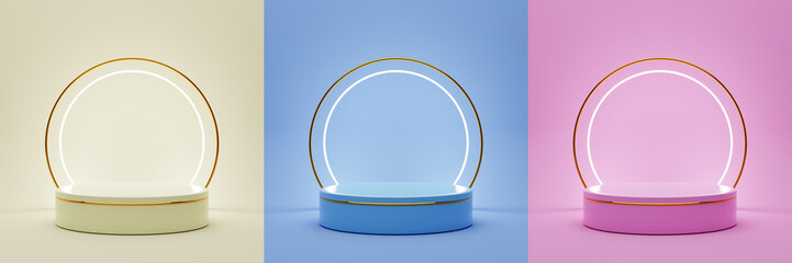 A set of podiums of different colors, podiums for product demonstrations and presentations on stands with gold - 3D Illustration