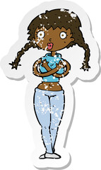 retro distressed sticker of a cartoon offended woman covering herself