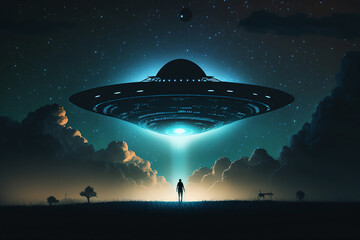 Flying saucer flies at night in sky over silhouette of man standing in field. Invasion of extraterrestrial intelligence on an intergalactic ship. Alien abduction. Generative AI.
