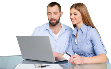 Fototapeta na wymiar Man and woman shopping online with laptop and credit card