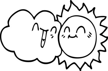 line drawing cartoon happy sun and cloud
