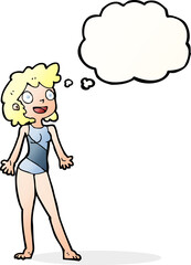 cartoon woman in swimming costume with thought bubble
