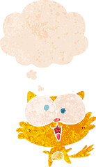 crazy cartoon cat and thought bubble in retro textured style