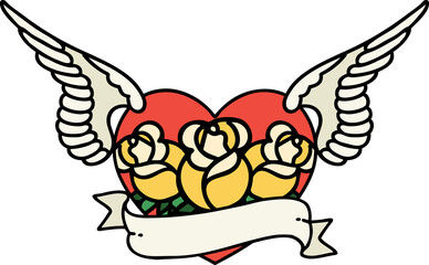 traditional tattoo of a flying heart with flowers and banner