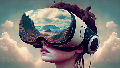 VR headset user, surreal worlds, virtual reality, gaming technology, generative ai