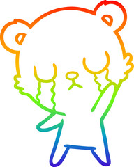 rainbow gradient line drawing crying cartoon bear waving