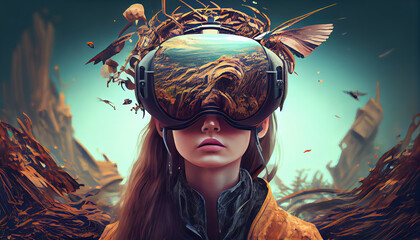 VR headset user, surreal worlds, virtual reality, gaming technology, generative ai