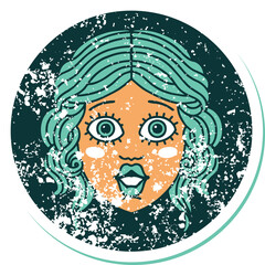 distressed sticker tattoo style icon of female face