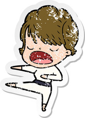 distressed sticker of a cartoon woman talking