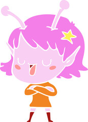 happy alien girl flat color style cartoon