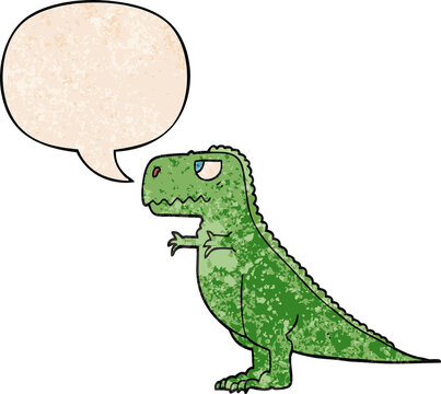 cartoon dinosaur and speech bubble in retro texture style