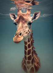 surreal art of a giraffe submerged under water, created with generative ai