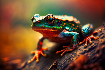 Obraz premium Exotic little frog. Green amphibian with big eyes. A colorful animal in the wild. Macro style illustration. Blurred background. Generative AI.