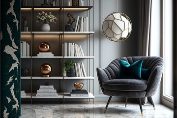 Stylish interior of living room with design leather armchair, wide and cross angle, carpet decor in home decor
