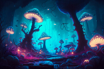 Bioluminescent mushroom forest at night. Magic and fantasy, digital art, vibrant colors. Abstract illustration of unreal glowing forest. Generative AI. 