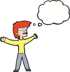 cartoon woman wearing glasses with thought bubble