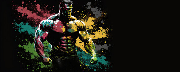 Illustration of a bodybuilder on a black background. A colorful splash of paint that gives dynamism. Big muscular man flexes his muscles. Advertising banner with lots of copy space. Generative AI.