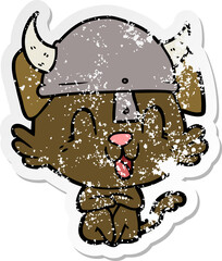 distressed sticker of a laughing cartoon viking dog