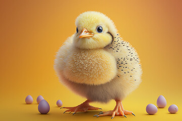 One cute baby chicken with many colorful eggs on yellow background with Generative AI technology
