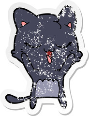 distressed sticker of a happy cartoon cat