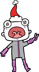 line drawing of a weird alien waving wearing santa hat