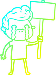 cold gradient line drawing cartoon man crying holding sign
