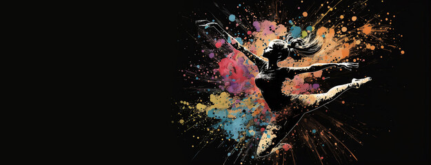 Fototapeta na wymiar Ballerina or dancer dancing on a dark background. Colorful paint splash. A woman in a dynamic jump. Sports, ballet or dance classes. Advertising banner with lots of free copy space. Generative AI.