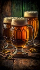 Vertical frame with beer in mugs. A light lager stands on the table. Oktoberfest celebration. Banner, advertising poster. Illustration with alcoholic drinks. Generative AI.