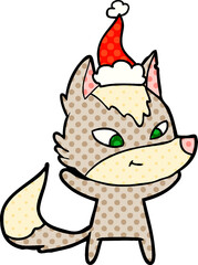 friendly comic book style illustration of a wolf wearing santa hat
