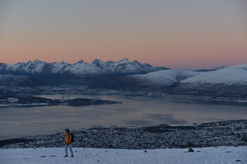 On the top of Mount Fløya, offers a fantastic view of the city of Tromso and the fjords