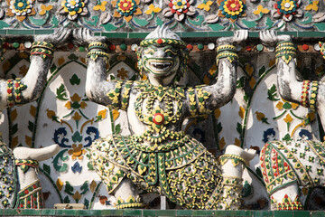 Decorative elements on facade of Wat Arun, Temple of Dawn in Bangkok