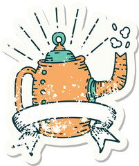 grunge sticker of tattoo style old coffee pot steaming