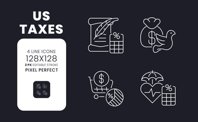 US taxes white linear desktop icons on black. Fiscal responsibilities. Government revenue. Pixel perfect 128x128, outline 2px. Isolated interface symbols pack for dark mode. Editable stroke