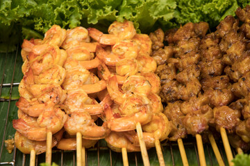 Grilled prawns for sale on the street market in Bangkok