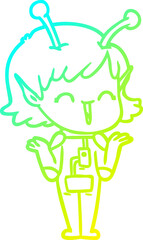 cold gradient line drawing cartoon alien girl laughing
