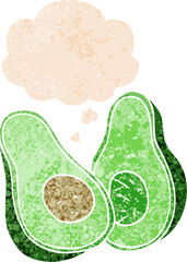 cartoon avocado and thought bubble in retro textured style
