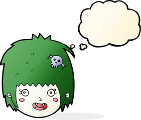 cartoon happy vampire girl face with thought bubble