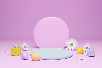 Easter eggs and flowers with podium stage for product display 3D rendering